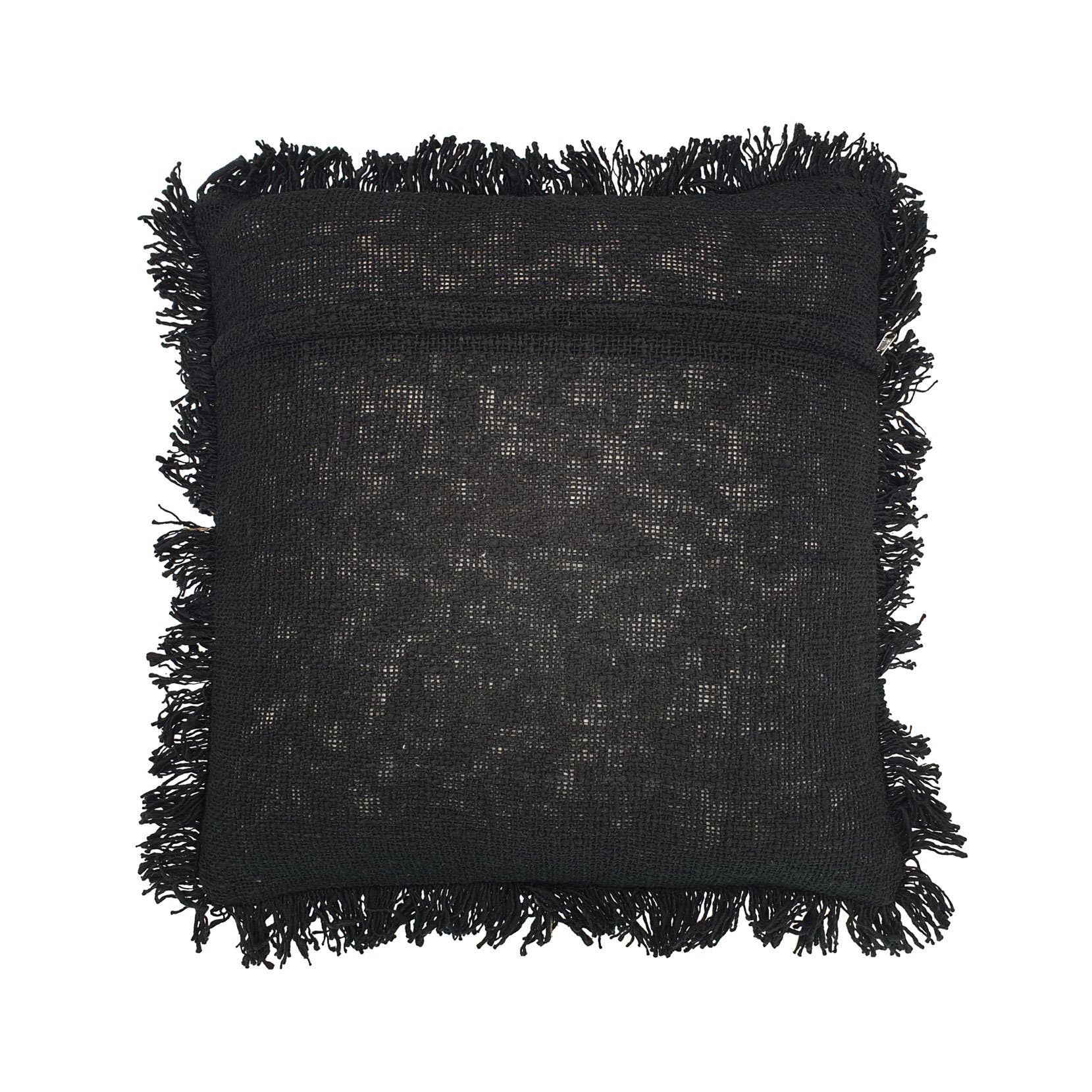 Housse de coussin en coton brodé noir avec franges de Bali