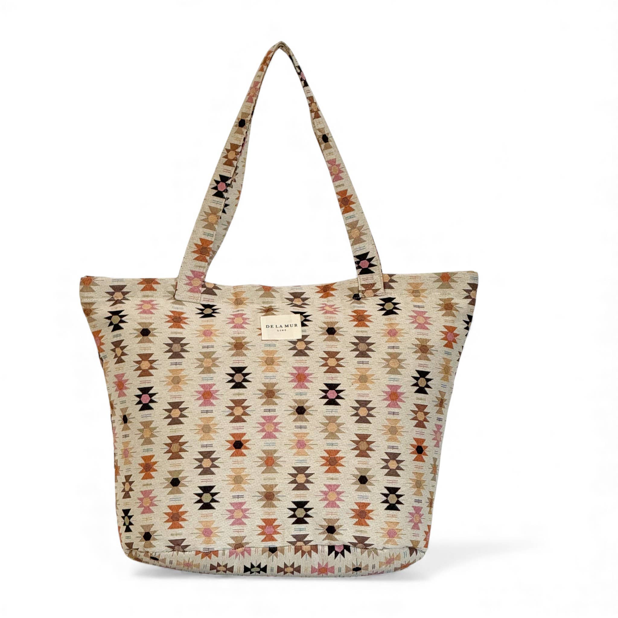 Grand Sac à Fermeture Éclair beige à motifs géométriques