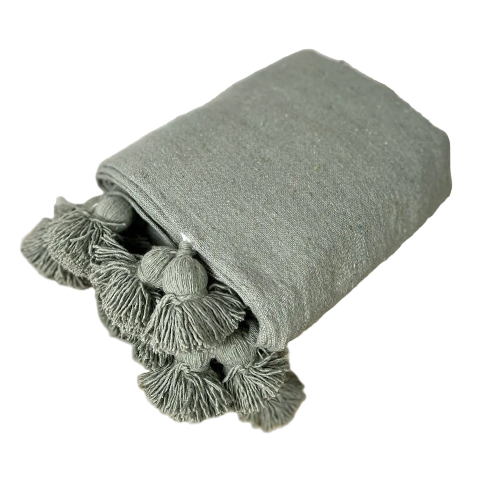 Couverture Plaid à Pompons gris-vert Fait Main au Maroc