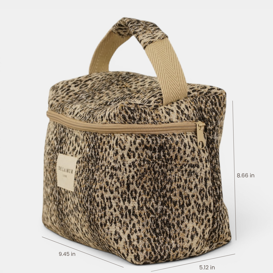 Grande trousse maquillage carrée en jacquard léopard – beige et noir - d’Espagne