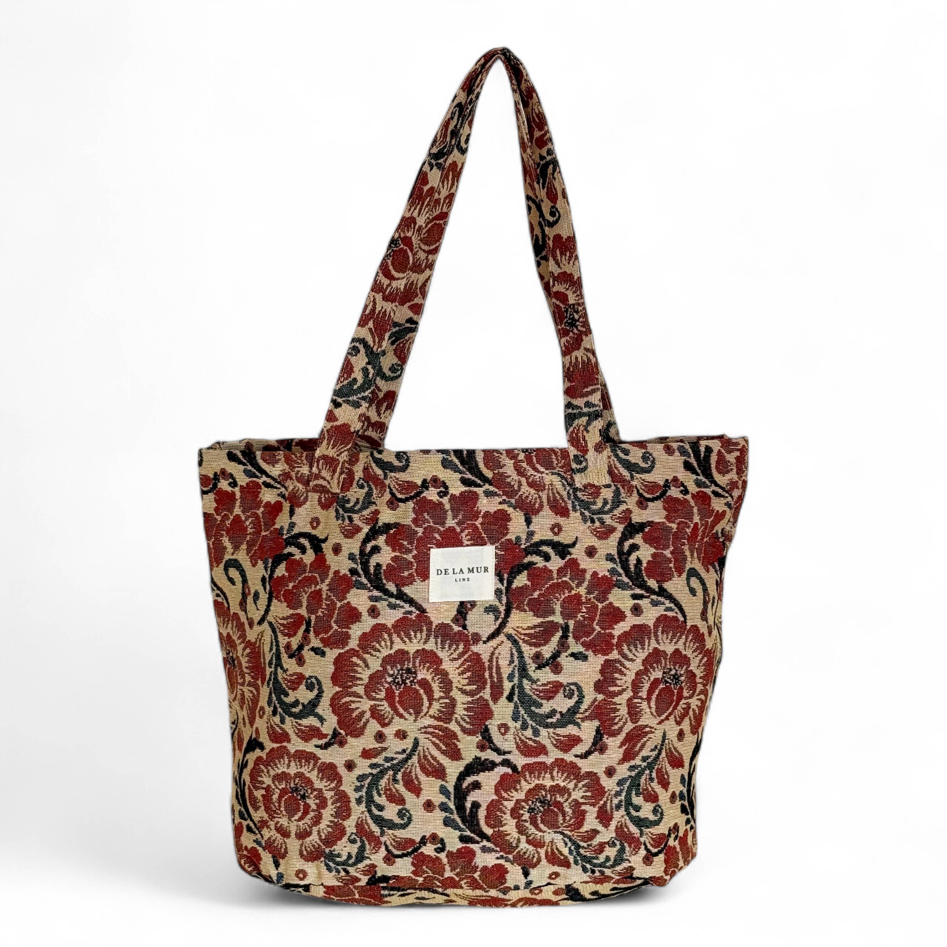 Grand sac cabas floral beige et rouge d'Espagne