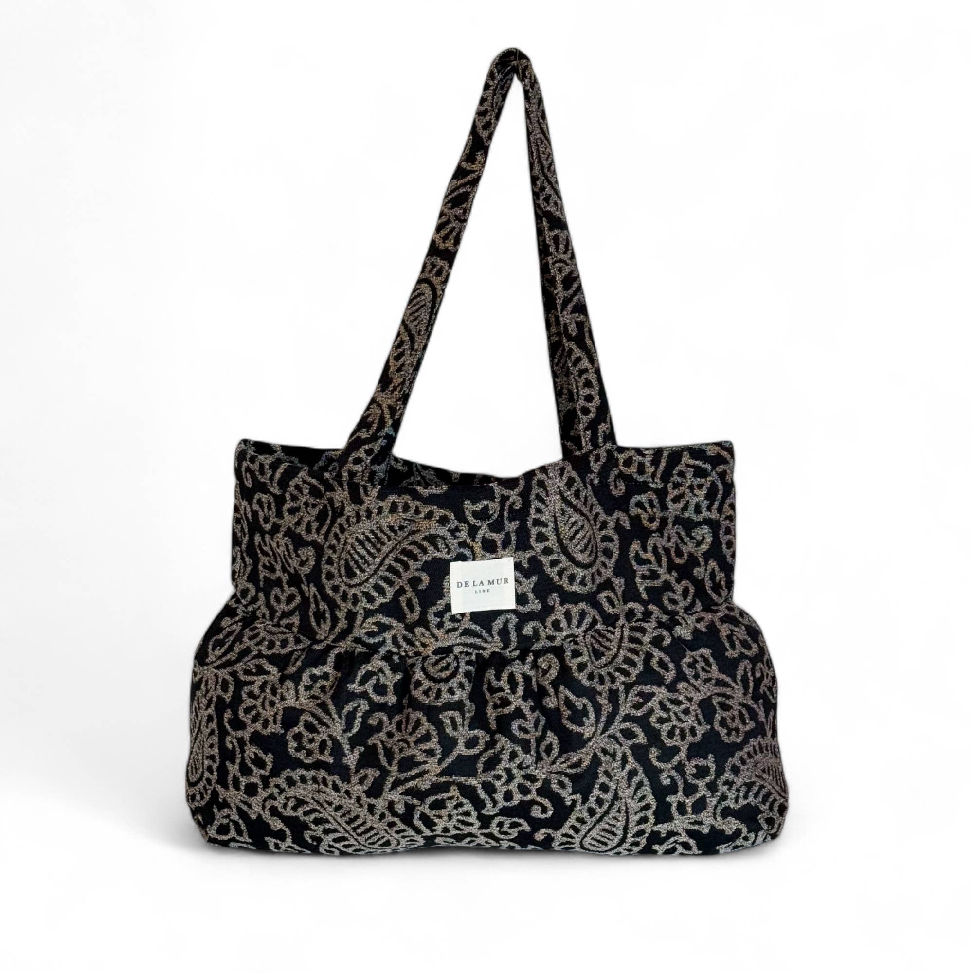 Sac cabas à volants moyen en tissu floral noir d'Espagne