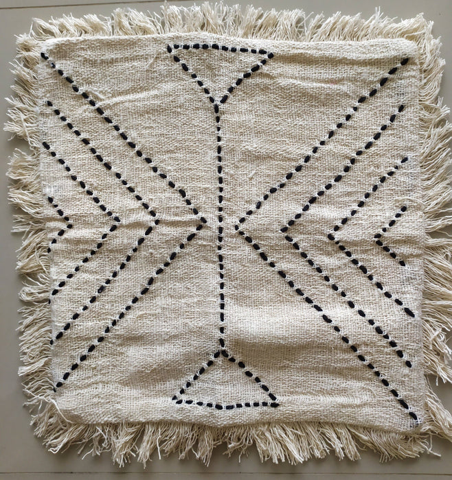 White embroidered cotton cushion cover with fringes 50x50