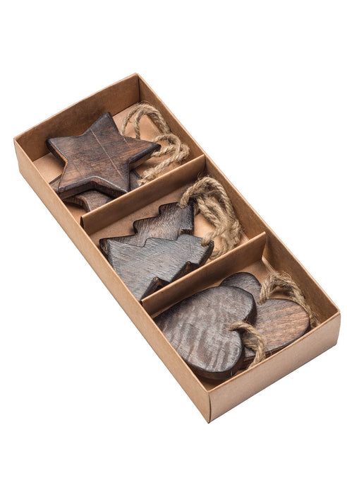 Set of 6 wooden decorations, tree/heart/star