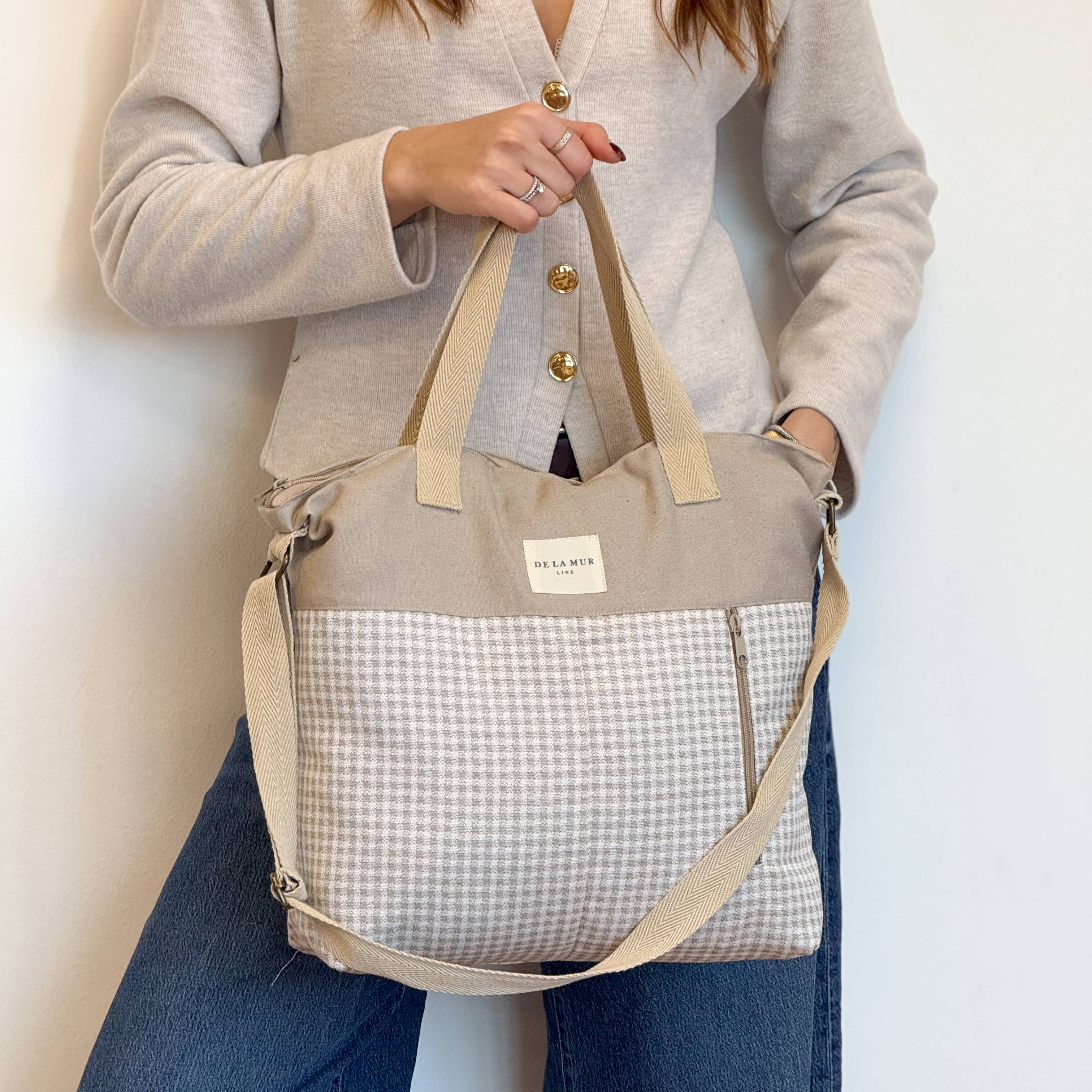 Grand Sac à Main beige à motif Vichy