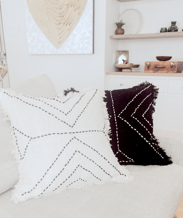 Black embroidered cotton cushion cover with fringes 50x50