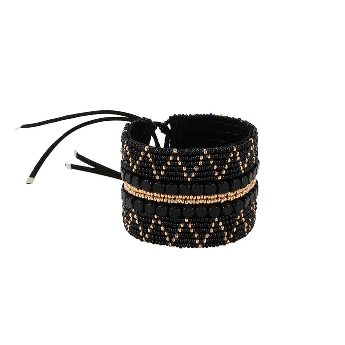 Wide leather bracelet with zigzag pattern – BLACK/GOLD