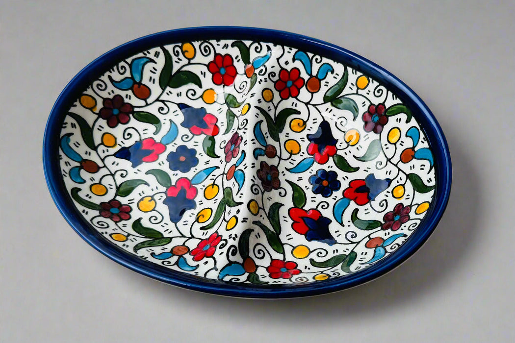 Oval Double Dip Side – Hand-Painted Palestinian Ceramic | Multicolor & Navy
