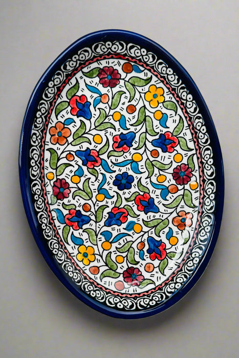 Oval Side Dishes | Small &amp; Large – Hand-Painted Palestinian Ceramic | Multicolor &amp; Navy