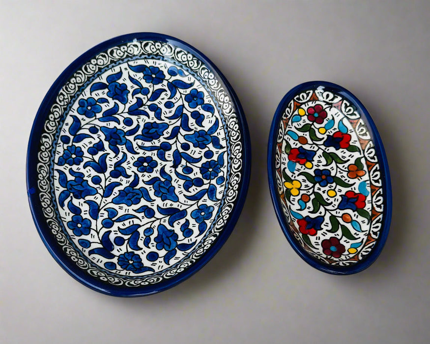 Oval Side Dishes | Small &amp; Large – Hand-Painted Palestinian Ceramic | Multicolor &amp; Navy