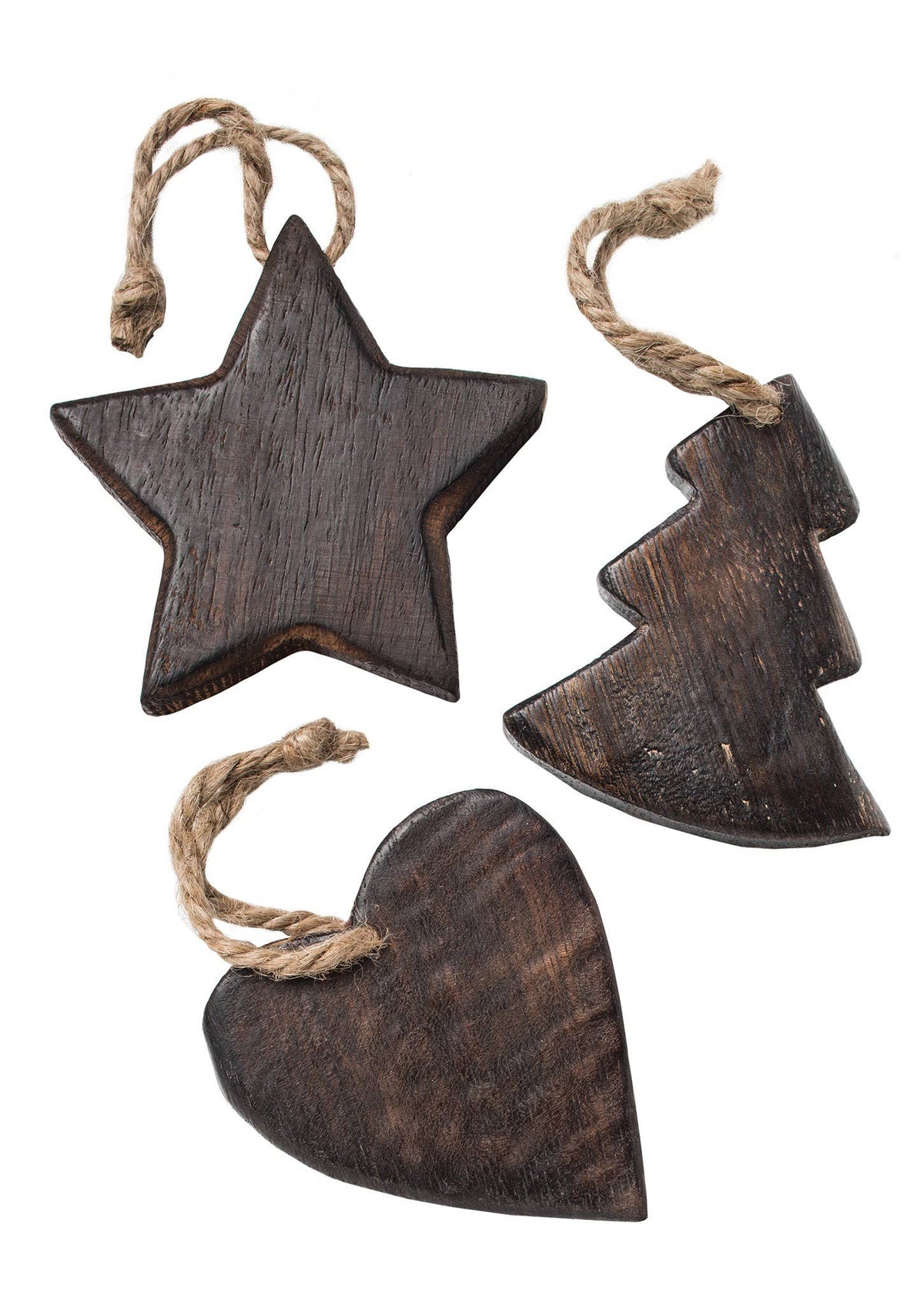Ensemble de 6 décorations en bois, arbre/cœur/étoile