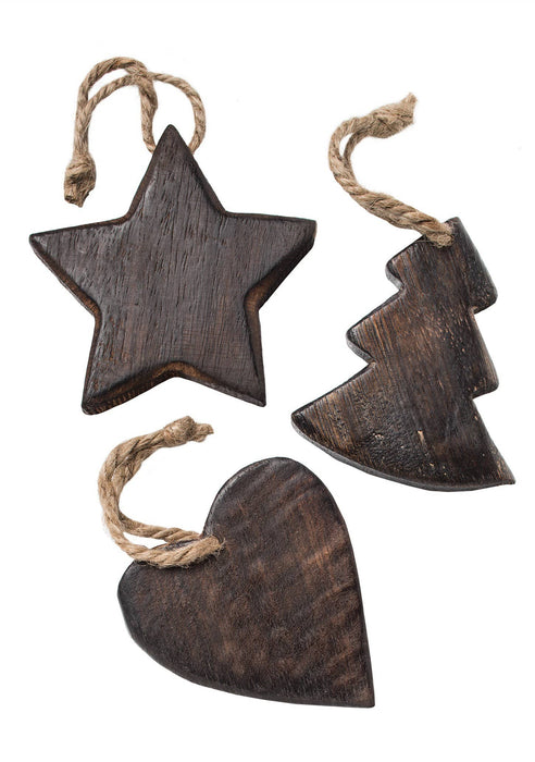 Set of 6 wooden decorations, tree/heart/star