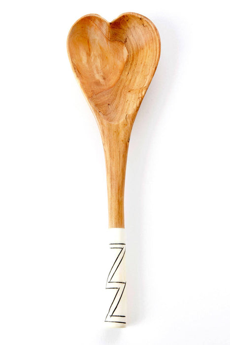 KENYA: Cuillère de cuisson cœur en bois d'olivier sauvage avec poignée zigzag