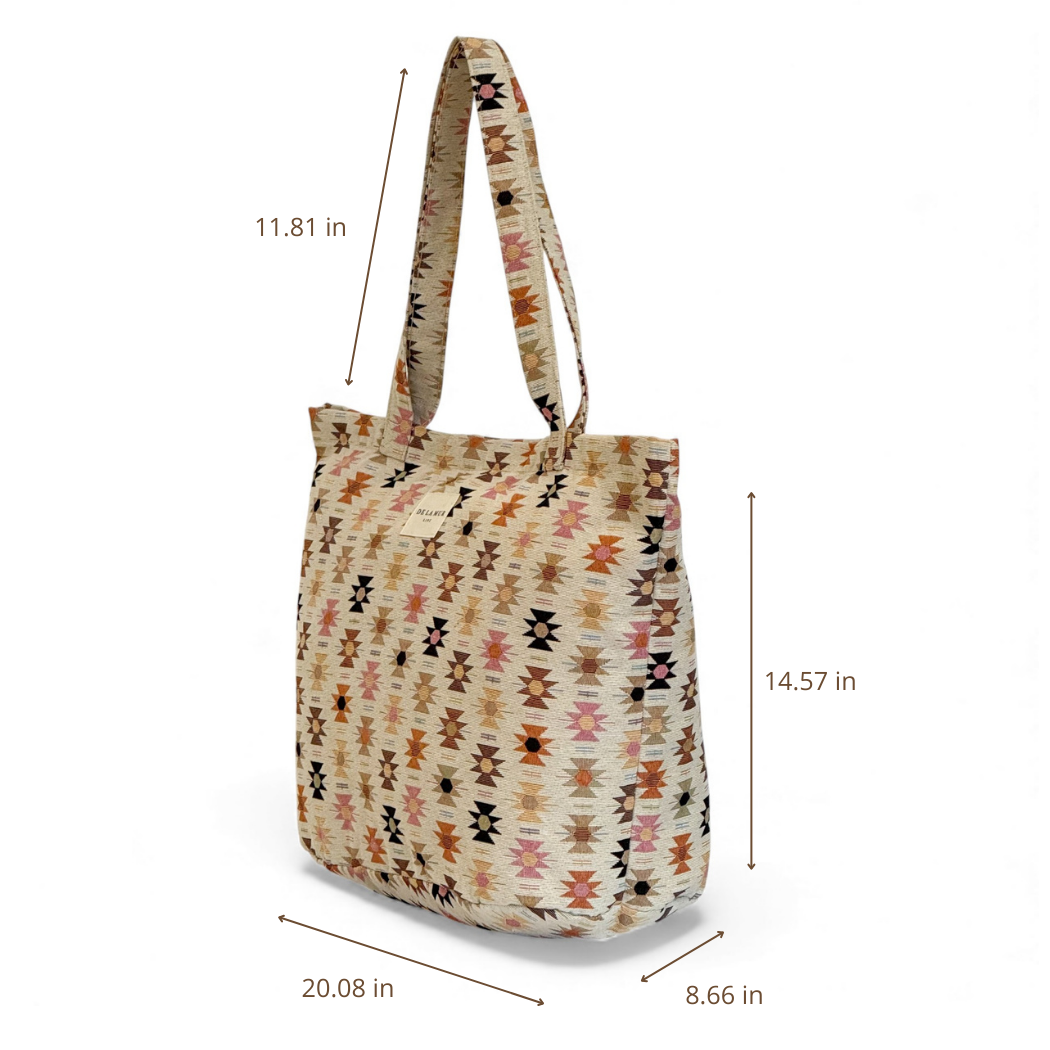Grand Sac à Fermeture Éclair beige à motifs géométriques