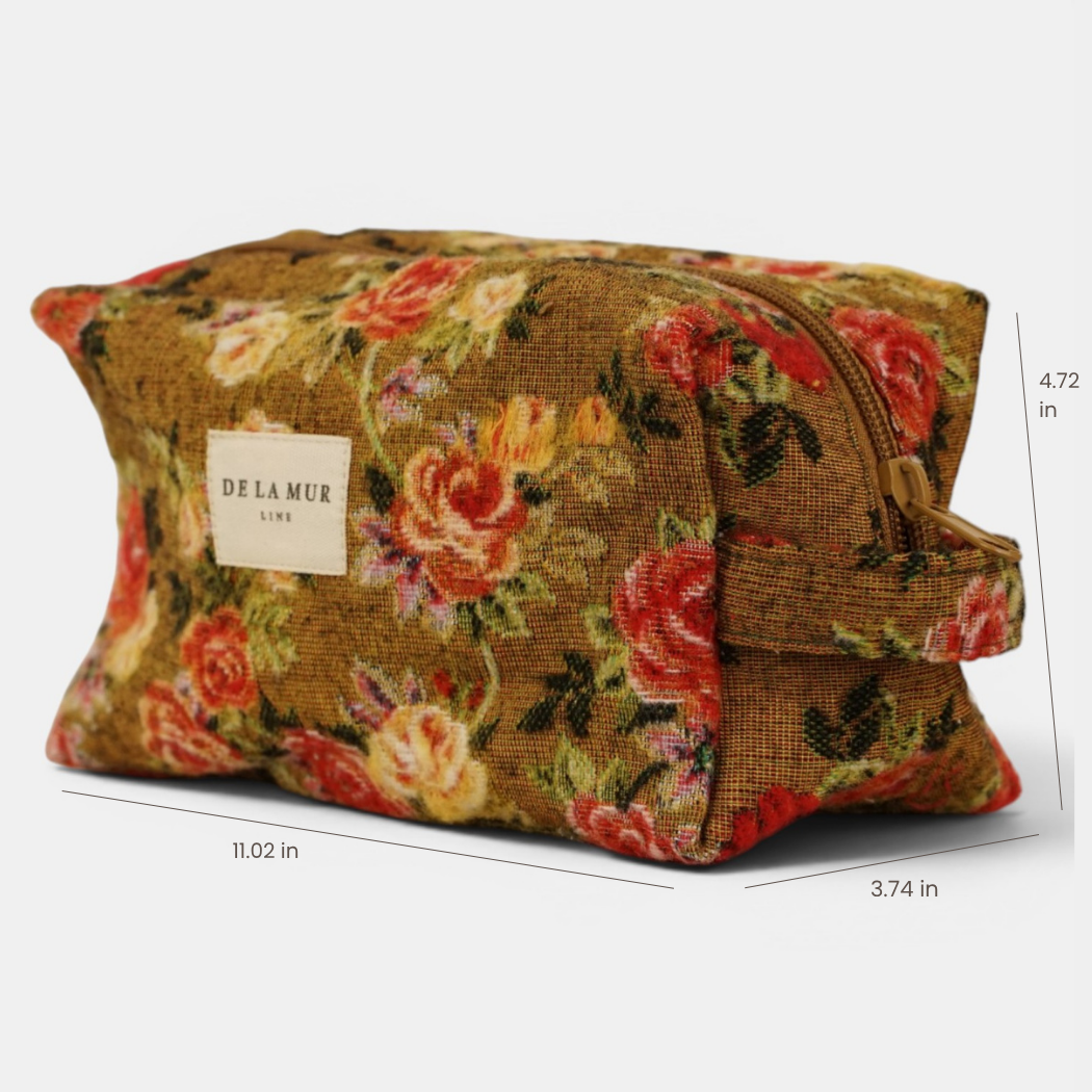 Trousse de maquillage carrée en jacquard floral – moutarde et rouge - d’Espagne